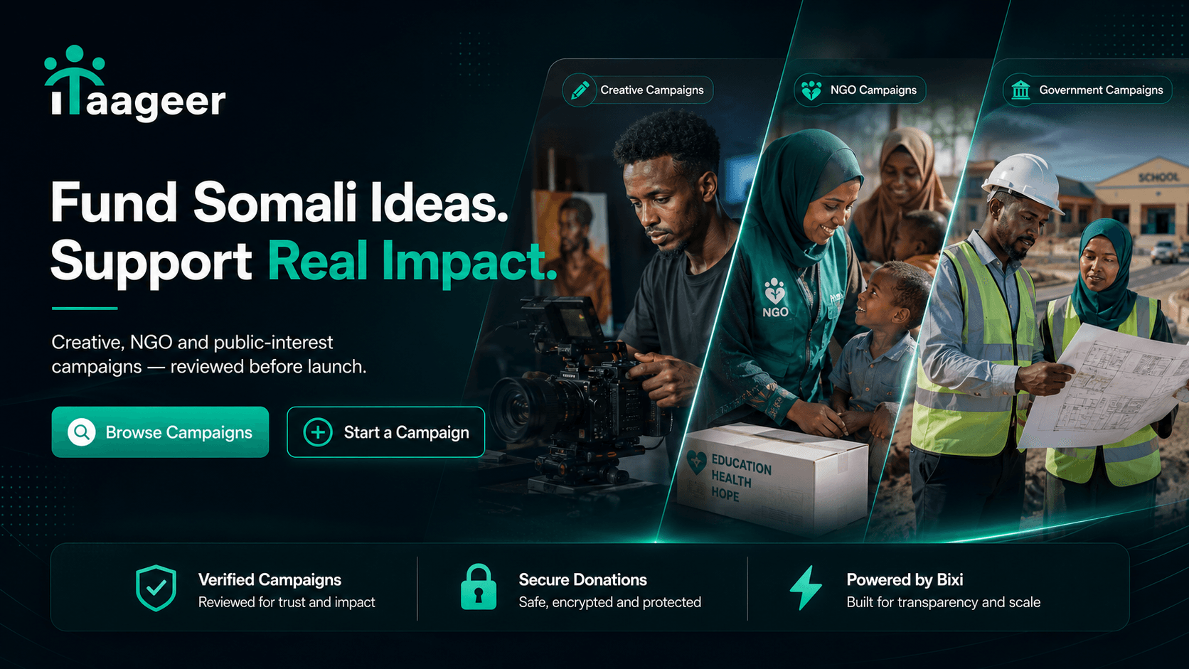 iTaageer platform banner for Creative, NGO, and Government campaigns.